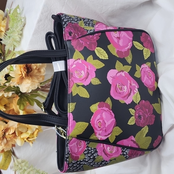 Betsey Johnson Black and Pink Floral Satchel - Picture 6 of 8